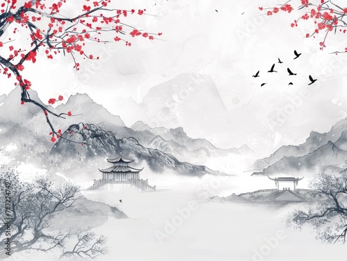 A Chinese painting depicting high mountains and clouds, as well as pavilions