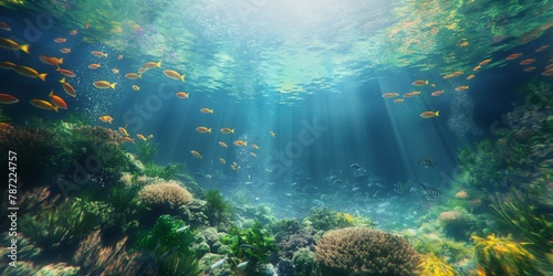 An enchanting underwater landscape showing a coral reef bathed in sunlight filtering down from the surface © gunzexx png and bg