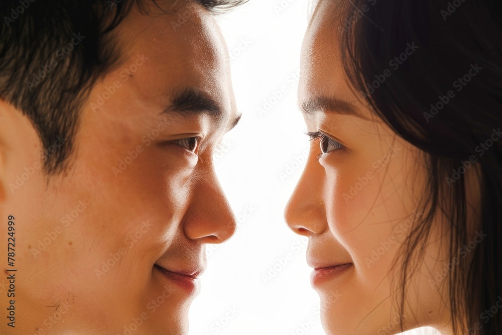 Asian Couple Gazing Into Each Other's Eyes with Intense Love and Connection Asian Couple Gazing Into Each Other's Eyes with Intense Love and Connection