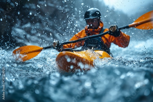An action-packed image capturing a kayaker navigating through the turbulent waters of a river, showcasing the adrenaline rush of extreme sports