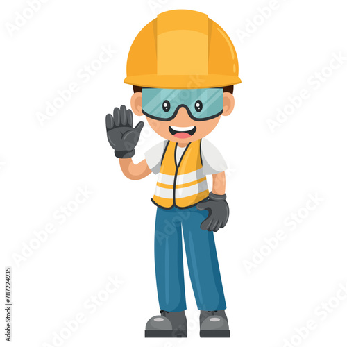 Industrial construction worker with his personal protective equipment saluting. Express an idea in a presentation. Safety first. Industrial safety and occupational health at work