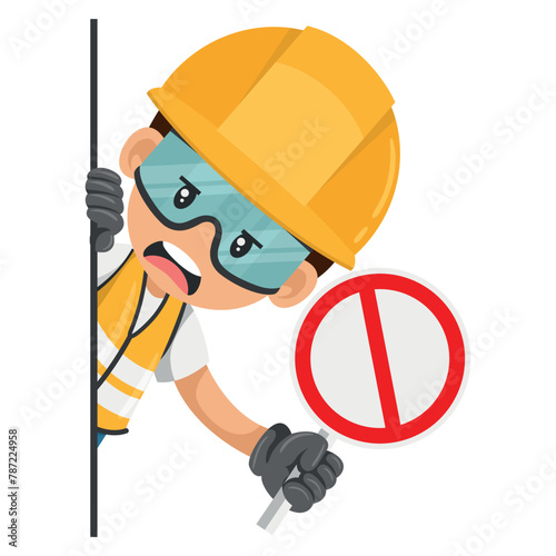 Annoyed industrial worker peeking out from behind a wall with prohibited sign. Construction worker with his personal protective equipment. Industrial safety and occupational health at work © Ipajoel