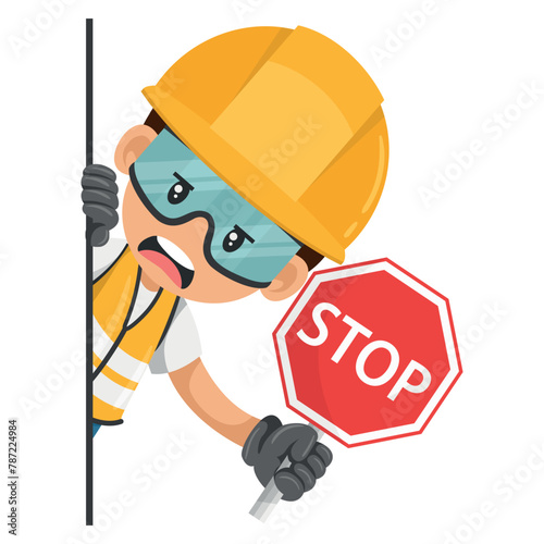 Annoyed industrial worker peeking out from behind a wall holding stop sign. Construction worker with his personal protective equipment. Industrial safety and occupational health at work © Ipajoel
