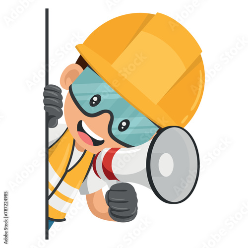 Industrial worker peeking out from behind a wall making an announcement with a megaphone. Concept of communication, notification and contact. Industrial safety and occupational health at work