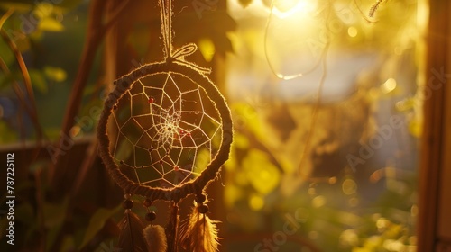 Wooden dream catcher elegantly hung from a glass window