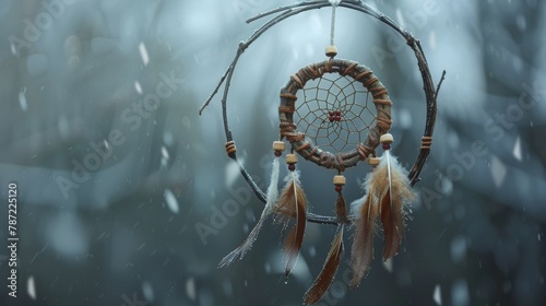Dream catcher made from a wooden branch, photographed close up against the background of a glass window