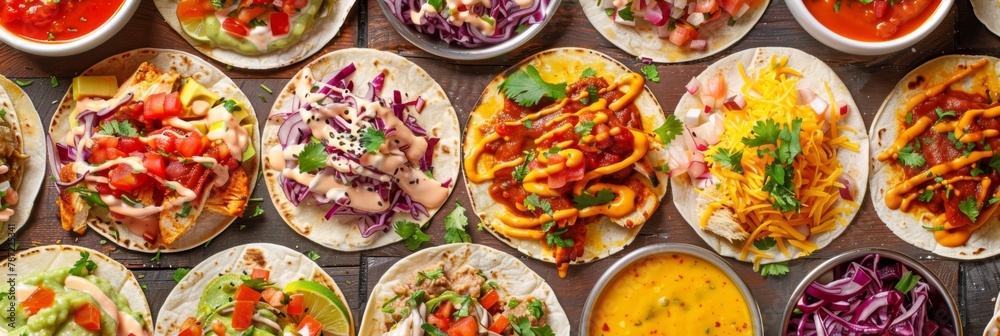 Chicken tacos with a variety of fillings and sauces Chicken tacos with a variety of fillings and sauces