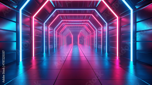 neon-lit futuristic corridor with geometric patterns. Generative AI	
