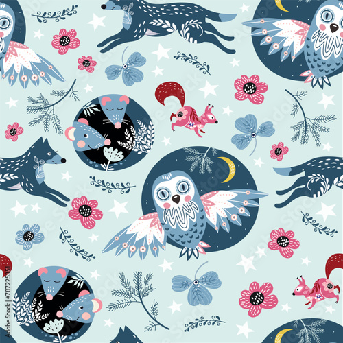 Seamless pattern with owls, crescents and floral elements.