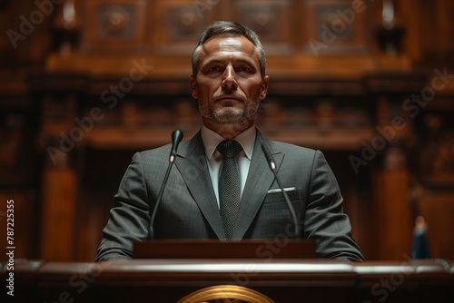 A stoic man in a grey suit stands at a podium in a grand hall, embodying leadership and power