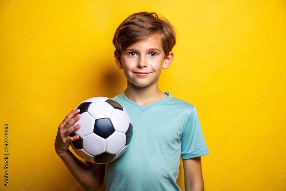 boy with soccer ball on a yellow background