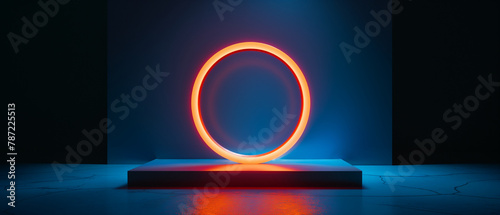 glowing neon ring on a pedestal in a dark room with blue ambient lighting. Generative AI	 photo