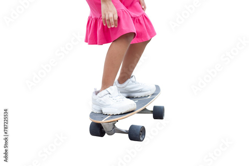 Asian little girl having fun with surfboards or surf skate is relaxing lifestyle on holiday isolated on white background.