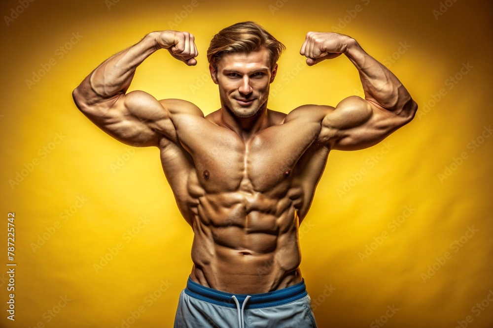 athletic build, young man demonstrates his muscles