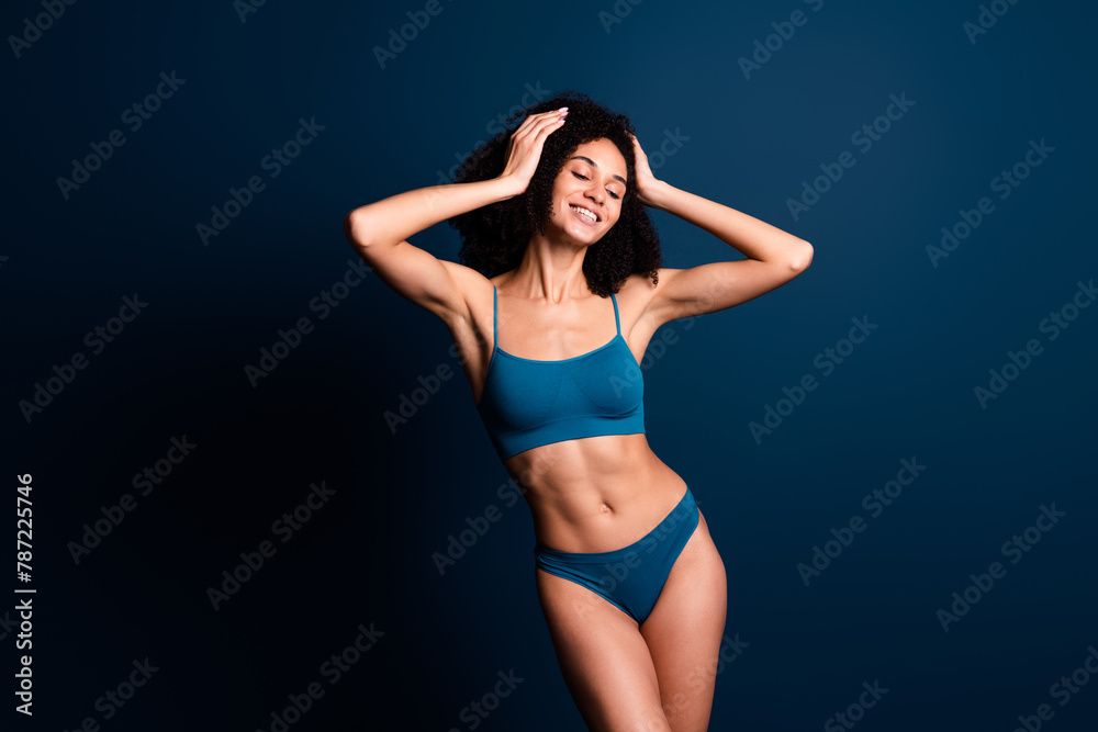 No filter photo of adorable pretty lady underwear lingerie accept stretch marks skin empty space isolated blue color background
