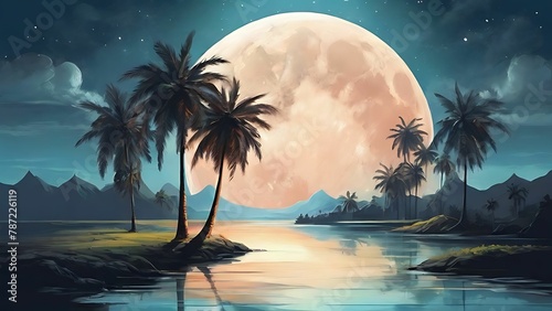 Illustration of a lake with palm trees over a full moon