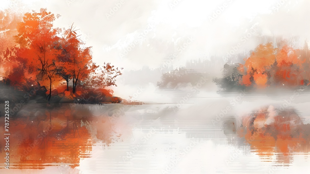 Fototapeta premium Misty Autumn Landscape with Reflections of Fiery Foliage on a Quiet Lake