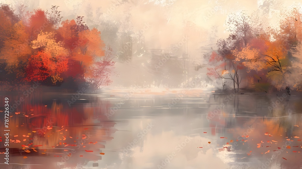 Misty Autumn Lake Reflections - Peaceful Scenic Landscape with Fiery Foliage and Brushstroke Painting Effect
