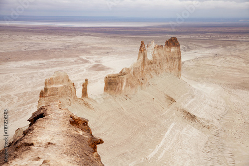 Bozzhyra tract in Kazakhstan, a scenic and arid desert landscape featuring dramatic rock formations and sediment layers. 