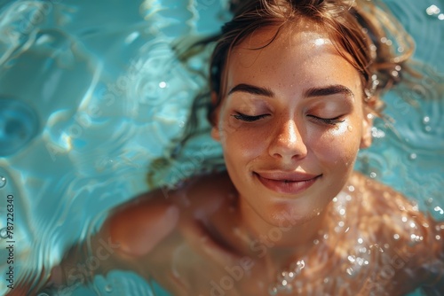 A calm  young woman floats in sunlit water with her eyes closed and a tranquil expression