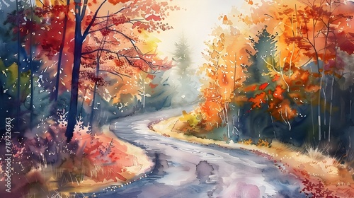 Serene Autumn Countryside Road with Vibrant Foliage and Winding Path