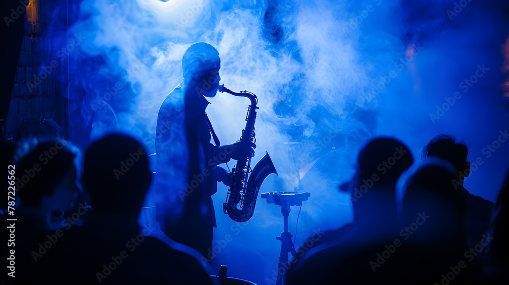 Saxophonist Silhouetted in Smoky Blue Ambiance Captivates Attentive Jazz Club Audience