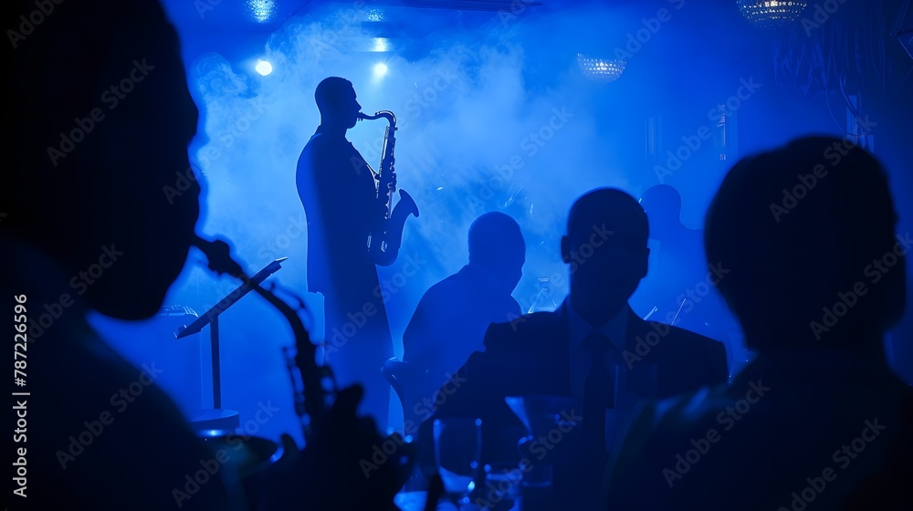 Silhouetted Saxophonist Captivates Jazz Club Audience in Smoky Blue Ambiance