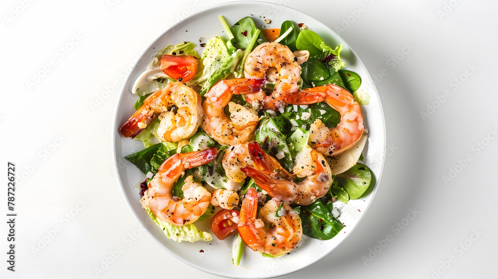 Shrimp Salad Healthy Seafood Caesar Salad with prawns on white background top view copy space : Generative AI Shrimp Salad Healthy Seafood Caesar Salad with prawns on white background top view copy space : Generative AI