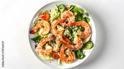 Shrimp Salad Healthy Seafood Caesar Salad with prawns on white background top view copy space : Generative AI