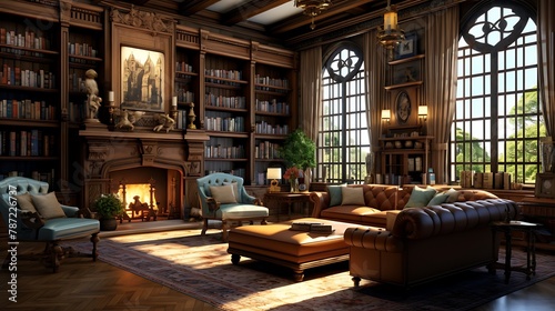  a regal Tudor-style library with oak bookshelves, stained glass windows, and a cozy reading nook by the fireplace 