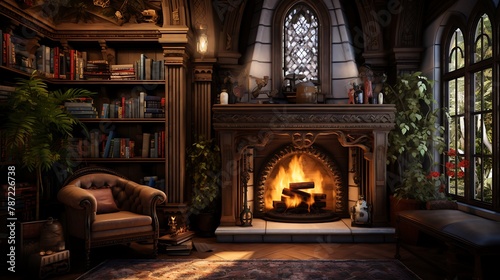  a regal Tudor-style library with oak bookshelves  stained glass windows  and a cozy reading nook by the fireplace 