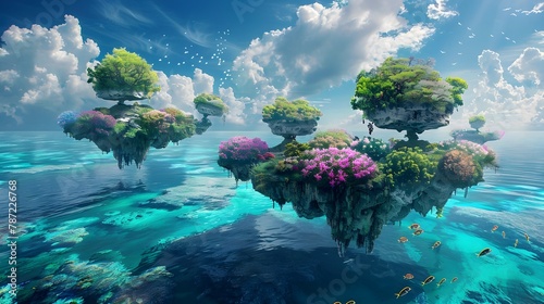 Dreamy Coral Islands: A Magical Underwater World Floating Above the Ocean Surface