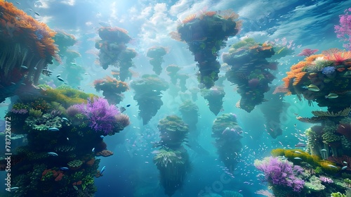 Dreamy Seascape: Floating Islands of Vibrant Marine Life Suspended Above the Ocean Surface