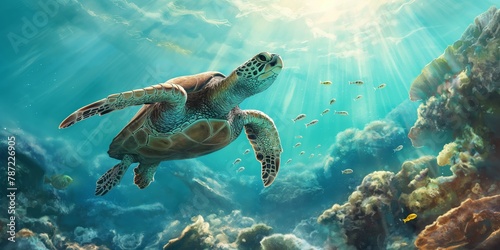 A vibrant marine life scene with a sea turtle gracefully swimming among coral reef and sun rays filtering through water © gunzexx png and bg