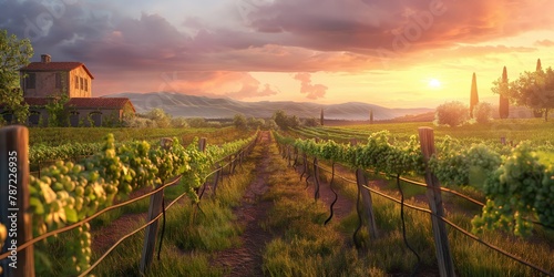 A serene Tuscany vineyard landscape during sunset, with warm light bathing the grapevines and a cozy house in the background