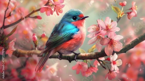 Colorful Bird. beautiful bird. Songbird in Cherry Blossoms. bird on a branch Sakura flowers © Ilmi