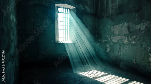 Dark empty Prison cell widow with Sunshine light photo