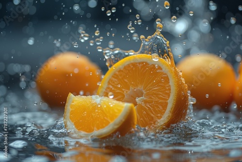 Vivid image showcasing fresh oranges with water splashing around  highlighting the freshness and vitality of the fruit