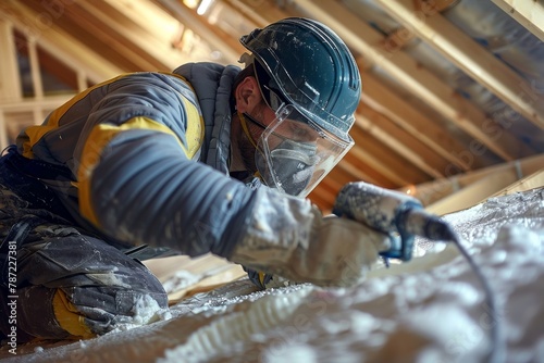 Image features a man in construction attire installing thermal insulation material under a wooden roof