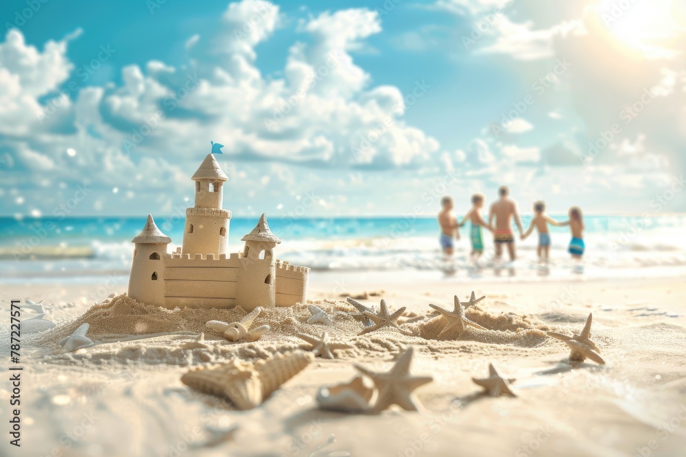 Naklejka premium capturing a happy family enjoying a day at the beach, building sandcastles, with copy space area
