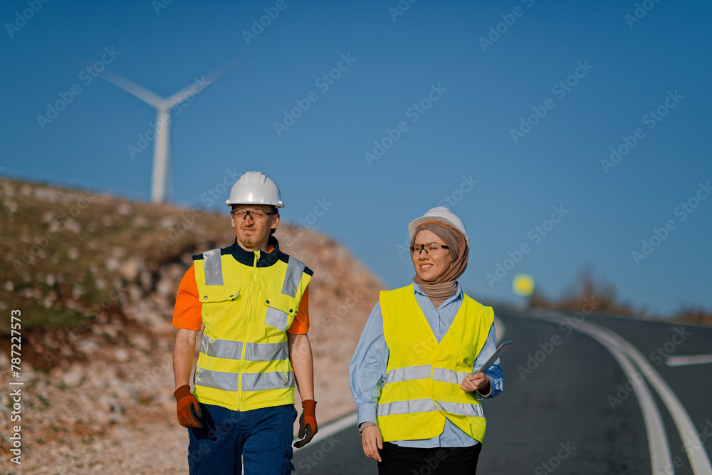 A engineer with a tablet and her colleague inspect wind turbines in a field, demonstrating teamwork and dedication to renewable energy projects A engineer with a tablet and her colleague inspect wind turbines in a field, demonstrating teamwork and dedication to renewable energy projects