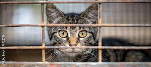 Lonely stray cat in shelter cage abandoned feline behind rusty bars, seeking care and comfort