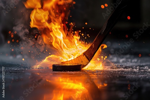 close up of hockey stick hitting a Puck in the form of an burn on fire. photo
