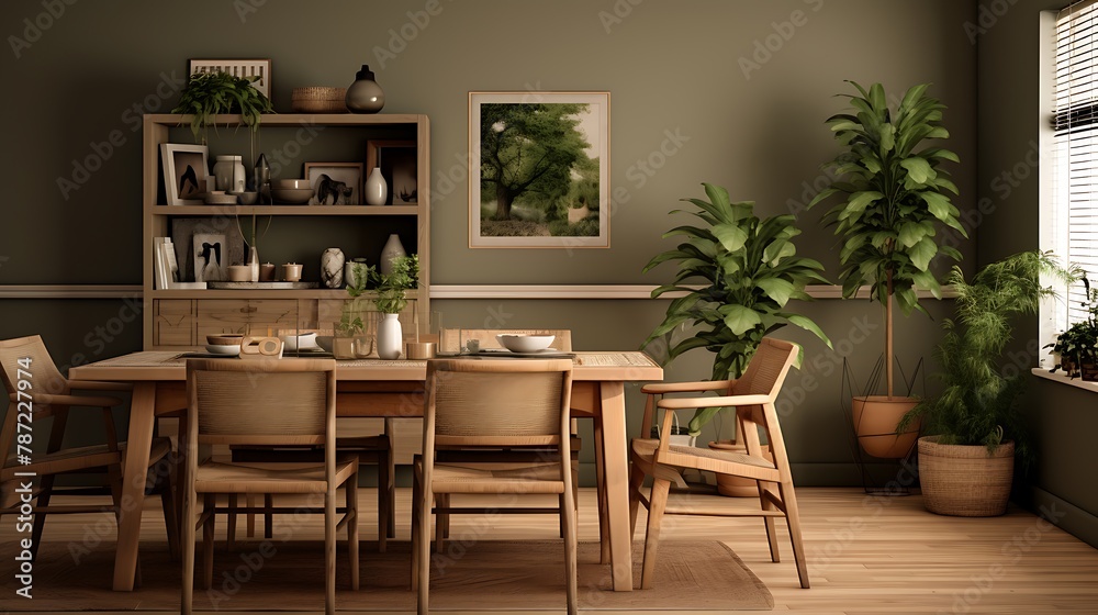 Earthy Taupe Dining Room:  an earthy dining room with taupe walls, wooden furniture, and greenery as accents, bringing a touch of nature indoors for a tranquil dining experience