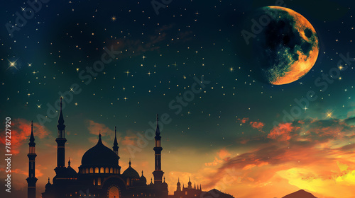 artistic image of a magnificent Mosque with a view of the full moon and bright stars at night in shades of blue photo