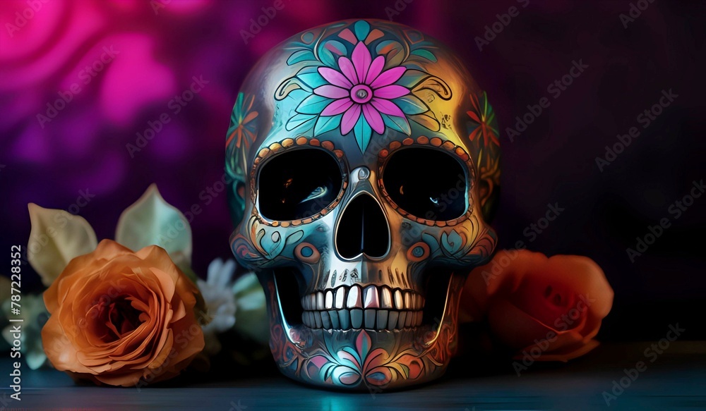 Iridescent day of the dead skull on an elaborate background. AI Generated. Iridescent day of the dead skull on an elaborate background. AI Generated.
