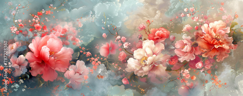 Pink flowers on blue background, a beautiful painting of blooming flowers