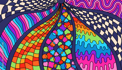 Zentangle coloring page for adult. Psychedelic groovy color background.