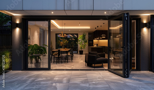 Wide angle shot of an open glass door  showing the interior design and furniture inside at night with ambient lighting. Outside is a modern living room and kitchen in a contemporary house