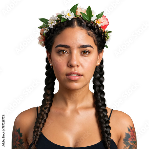 Young Latina woman with braided crown and floral tattoo adorable face pleasing eyes snarling mouth. Essence of diverse femininity. © panophotograph